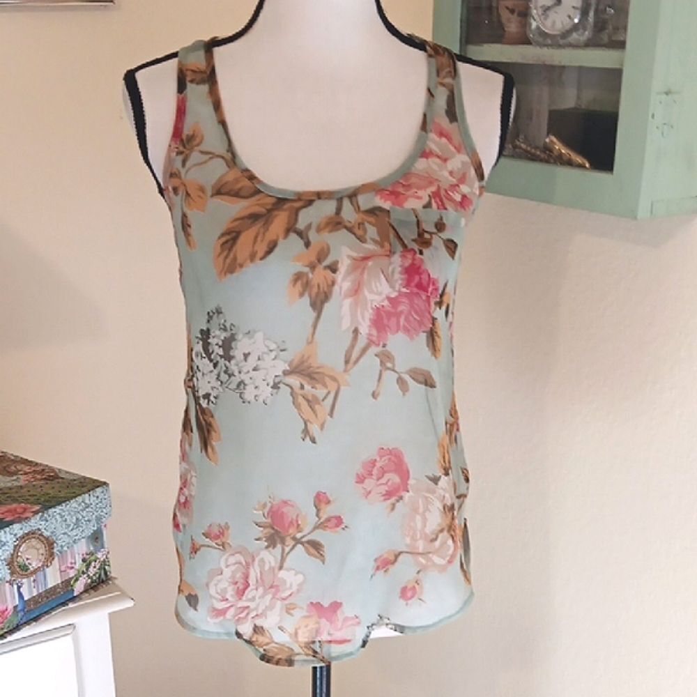 Wet Seal Blue and Pink Fitted Sheer Tank Top, Floral. Racer Back